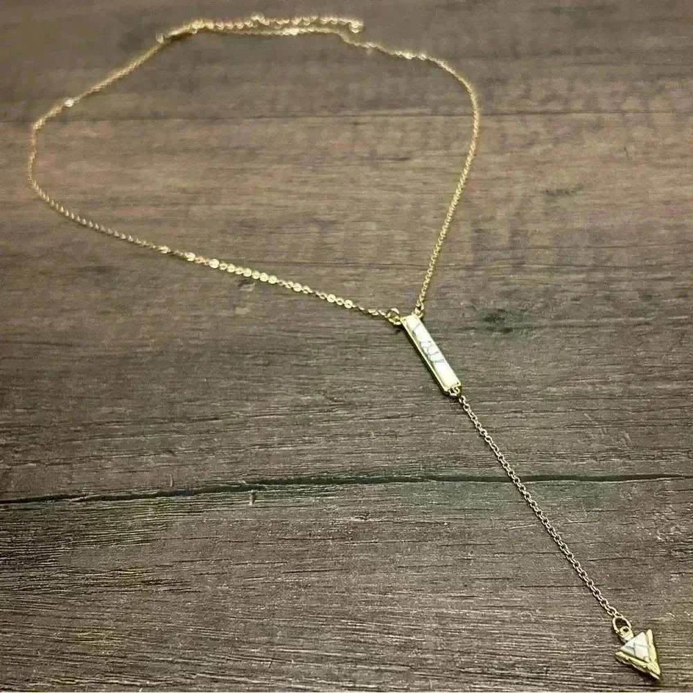 Dainty Gold Tone Marble Bar and Triangle Pendant Necklace